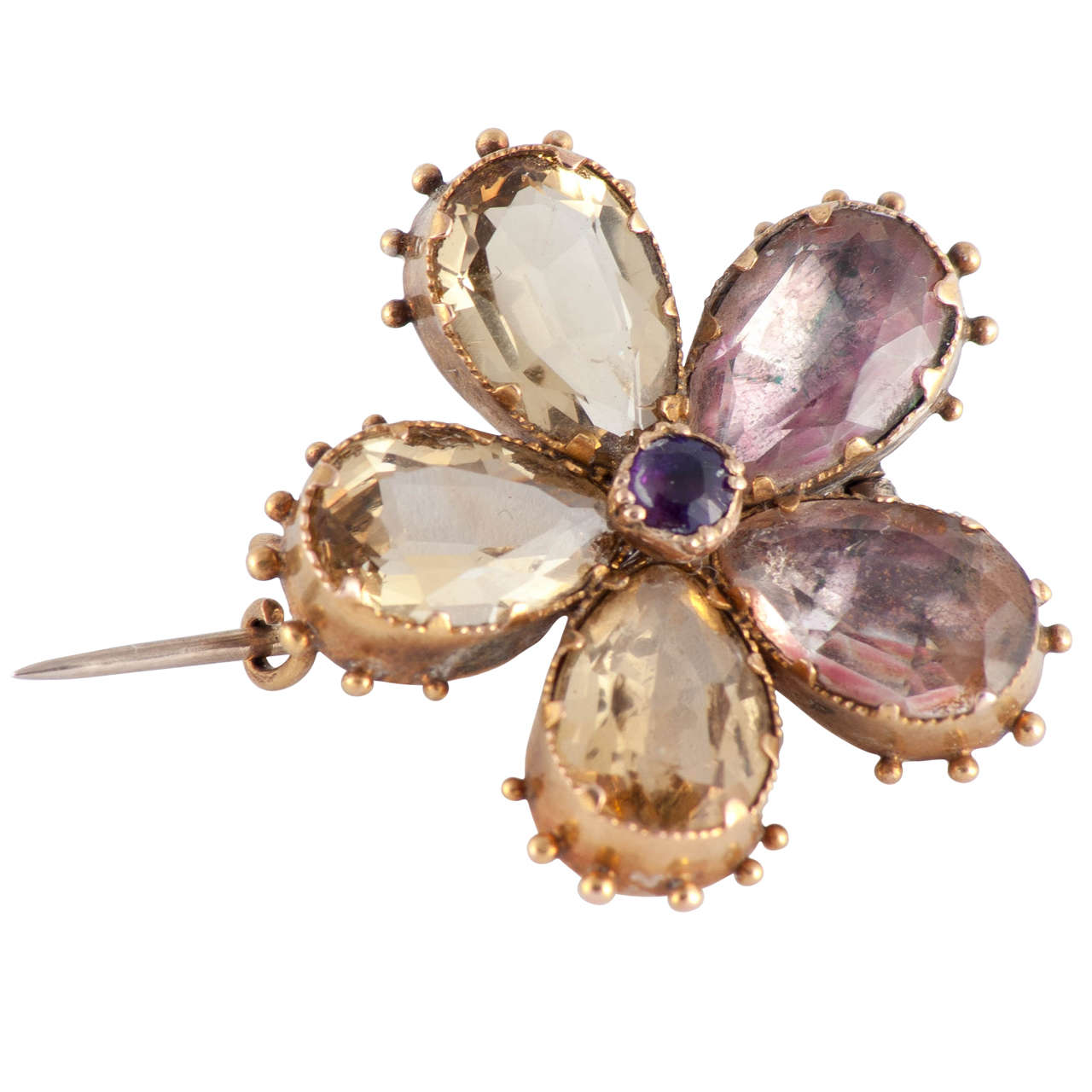 Antique Amethyst Citrine & 18K Gold Pansy Brooch, circa 1820 For Sale