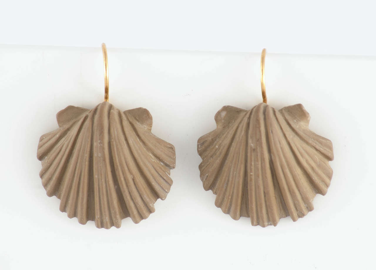 Lovely Victorian lava earrings, shell shaped in a soft, warm neutral tan color that can be worn with everything in one's wardrobe. Lava jewelry was a popular souvenir from the Grand Tour of Italy in the mid nineteenth century. The lava was mined
