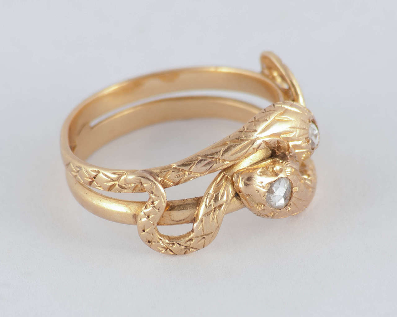 Antique Gold Double Snake Ring with 2 diamonds For Sale at 1stdibs