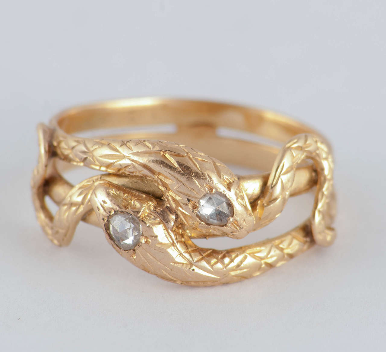 Antique Gold Double Snake Ring with 2 diamonds For Sale at 1stdibs