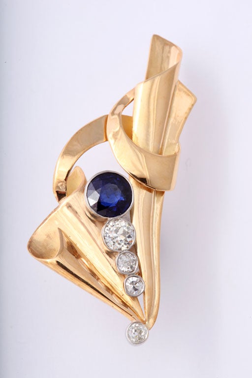 Impressive Retro Sapphire and Diamond Clip Earrings, circa 1940s In Excellent Condition In Miami Beach, FL