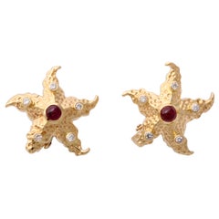 Starfish Ruby and Diamond Gold Earrings