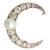 Antique Victorian Diamond and Natural Pearl Moon Brooch