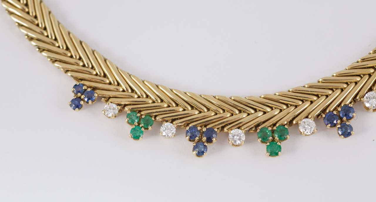 French Diamond Sapphire Emerald Gold Collar, 1950.