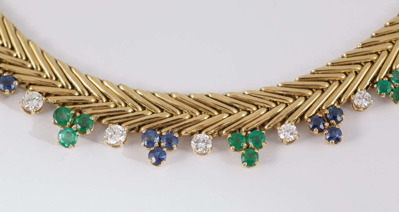 French Diamond Sapphire Emerald Gold Collar In Excellent Condition In London, GB