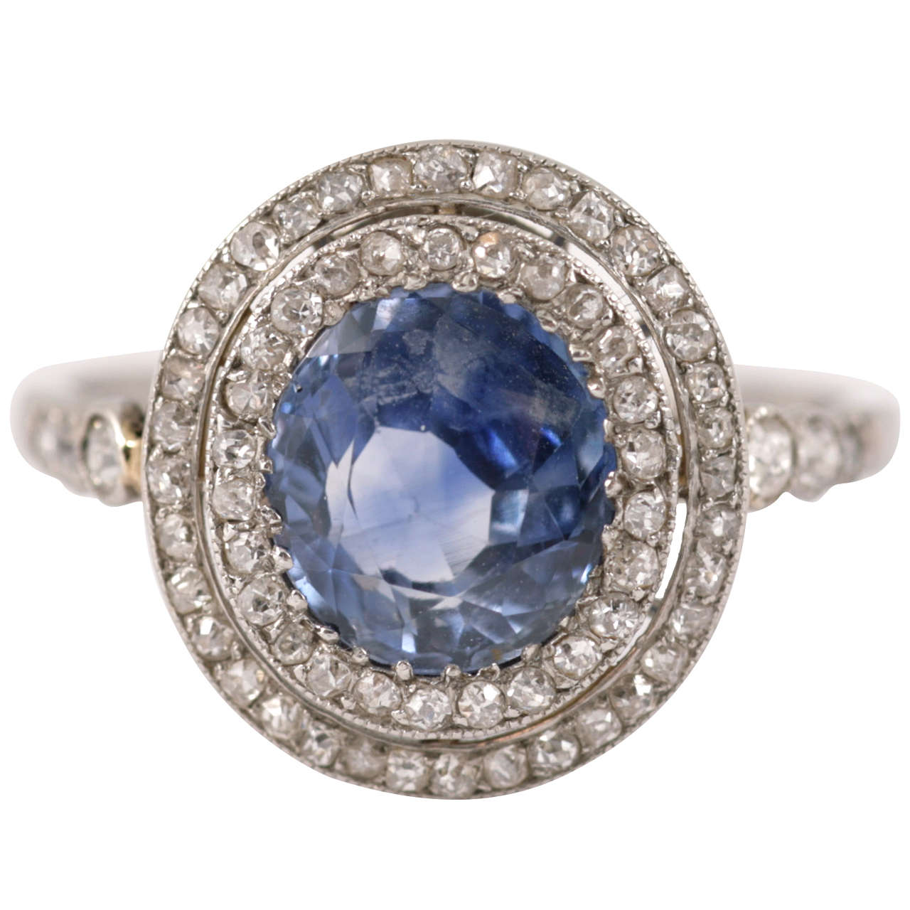 Edwardian Ceylon Sapphire Diamond Platinum Cluster Ring For Sale