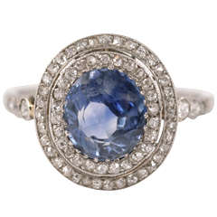 Edwardian Ceylon Sapphire Diamond Platinum Cluster Ring