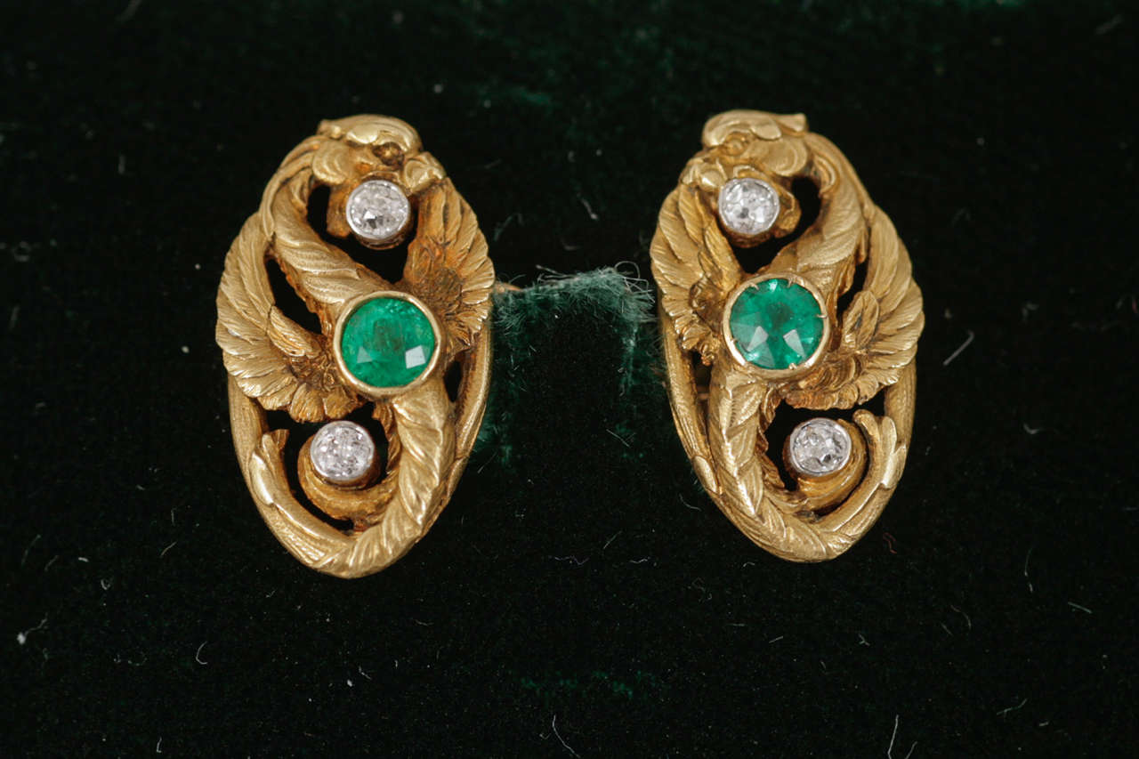 Pair of Edwardian 18kt gold diamond emerald dragon cufflinks, circa 1900.