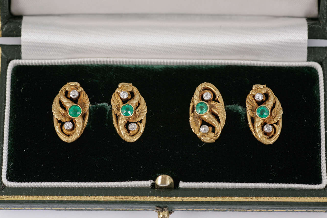 Women's or Men's Edwardian Emerald Diamond Gold Cufflinks For Sale