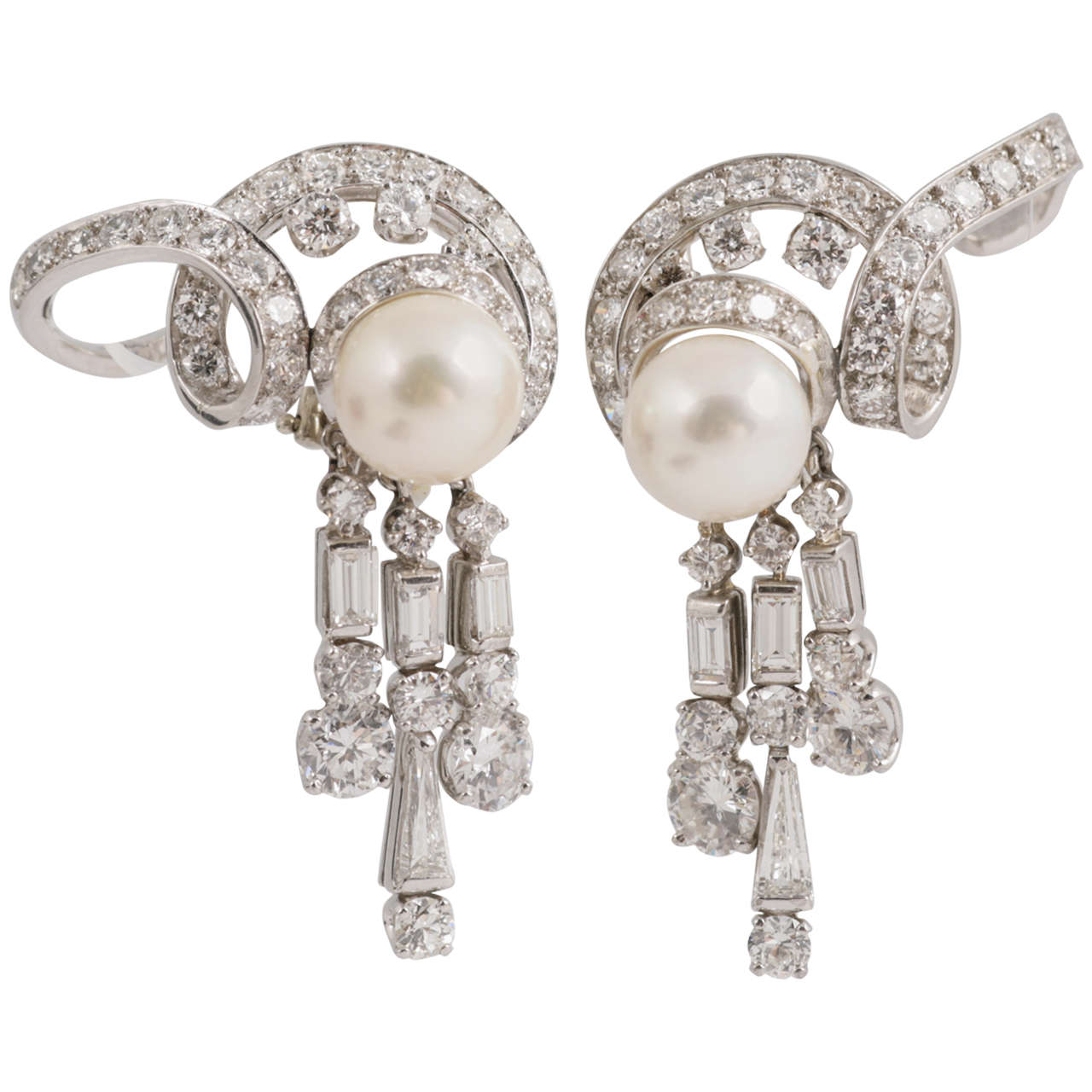 Harry Winston Diamond and Pearl ear clips For Sale