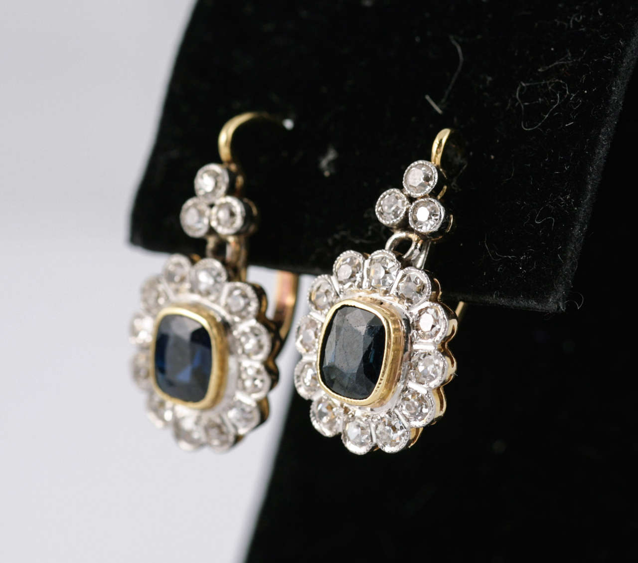 Late Victorian Pair of Sapphire Diamond Gold Cluster Drop Earrings