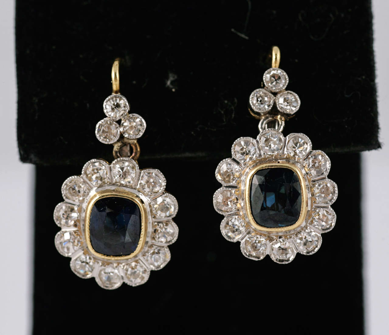Pair of Sapphire Diamond Gold Cluster Drop Earrings In Excellent Condition In London, GB