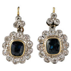 Pair of Sapphire Diamond Gold Cluster Drop Earrings