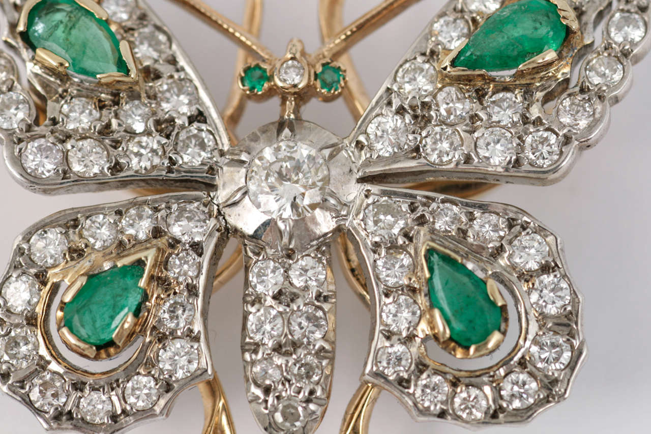 English Silver Fronted and 18ct Yellow Gold backed, Diamond and Emerald Butterfly Brooch