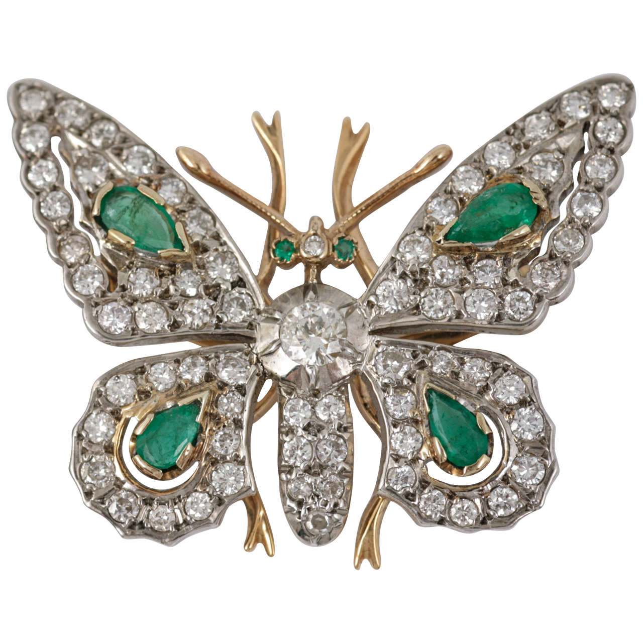 Diamond and Emerald Butterfly Brooch