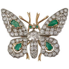 Retro Diamond and Emerald Butterfly Brooch