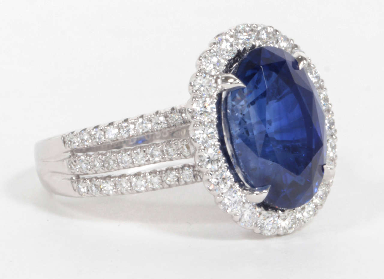 Magnifique saphir bleu royal de 6,47 carats serti dans une monture à triple tige et halo de diamants. 

.93 carats de diamants ronds de taille brillant sertis dans de l'or blanc 18k.

Le certificat indique que le saphir a une  couleur 