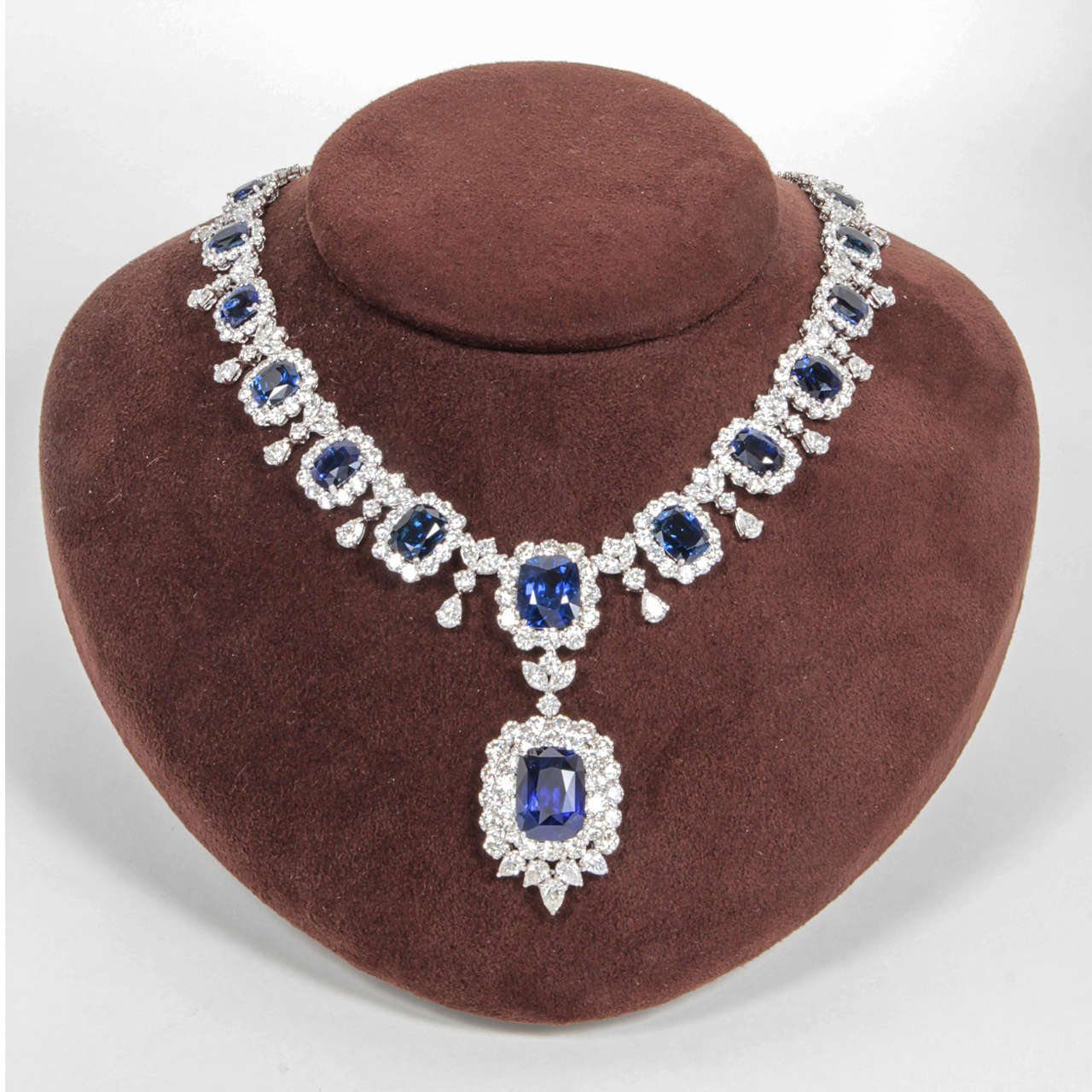 
An incredible piece!

75.50 carats of beautiful Intense to Vivid Blue cushion cut sapphires, including a 17.48 carat cushion cut drop.

45.13 carats of diamonds, all set in platinum.

Made in New York

Certified by Christian Dunaigre Consulting of