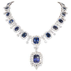 Important Cushion Cut Ceylon Sapphire Diamond Platinum Necklace