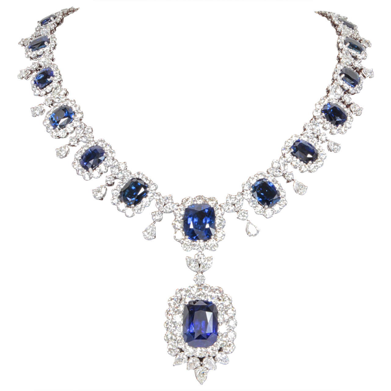  Cut Ceylon Sapphire Diamond Platinum Necklace For Sale at 1stdibs