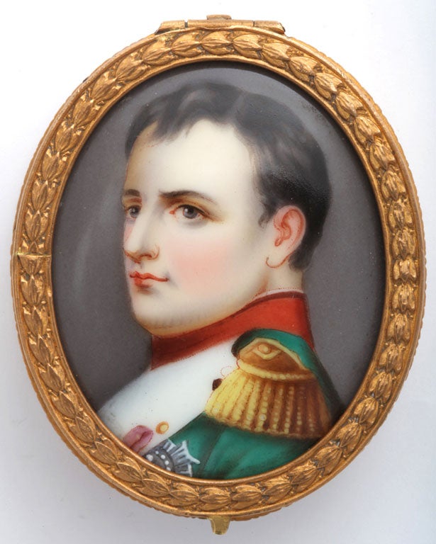 Antique Lidded Bronze Box with Enamel Napoleon Portrait