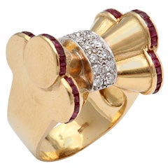 French Retro Stylized Bow Diamond and Ruby Ring