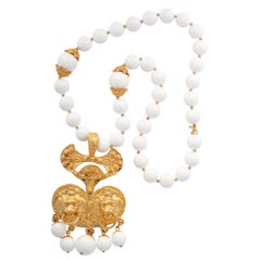White Bead Double Lion Pendant Necklace