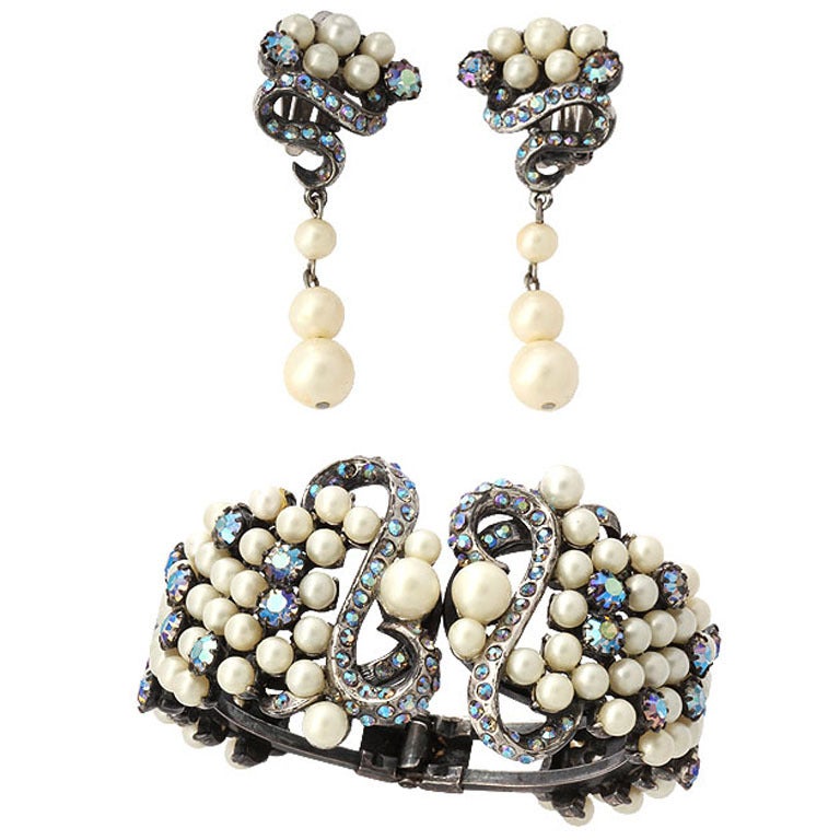 Schiaparelli Sterling Silver "Pearl" Bracelet and Earrings