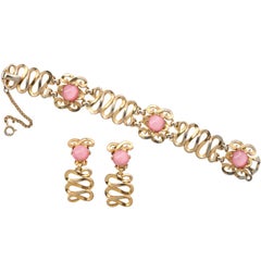 Schiaparelli Goldtone and Pink Stone Bracelet and Earrings