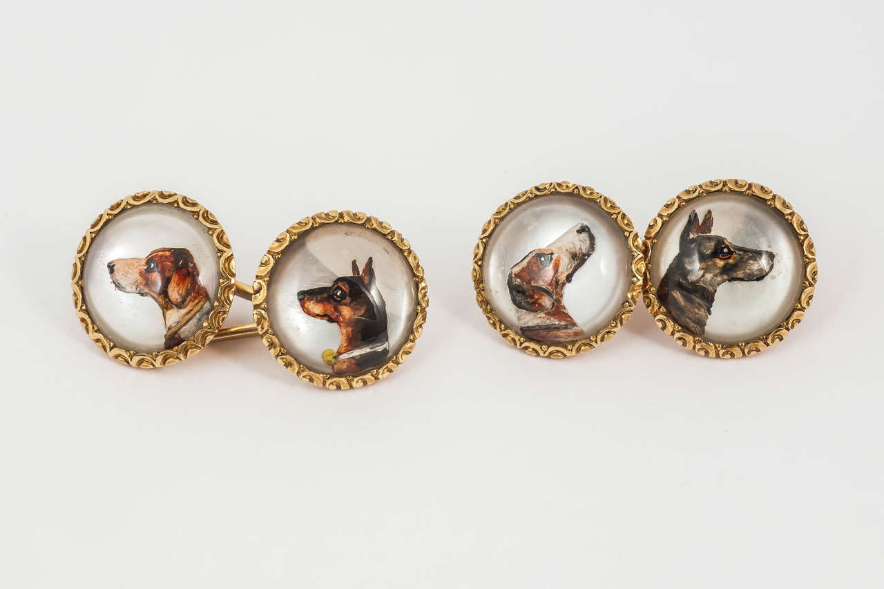 Late Victorian Painted Enamel Crystal Gold Dog Cufflinks