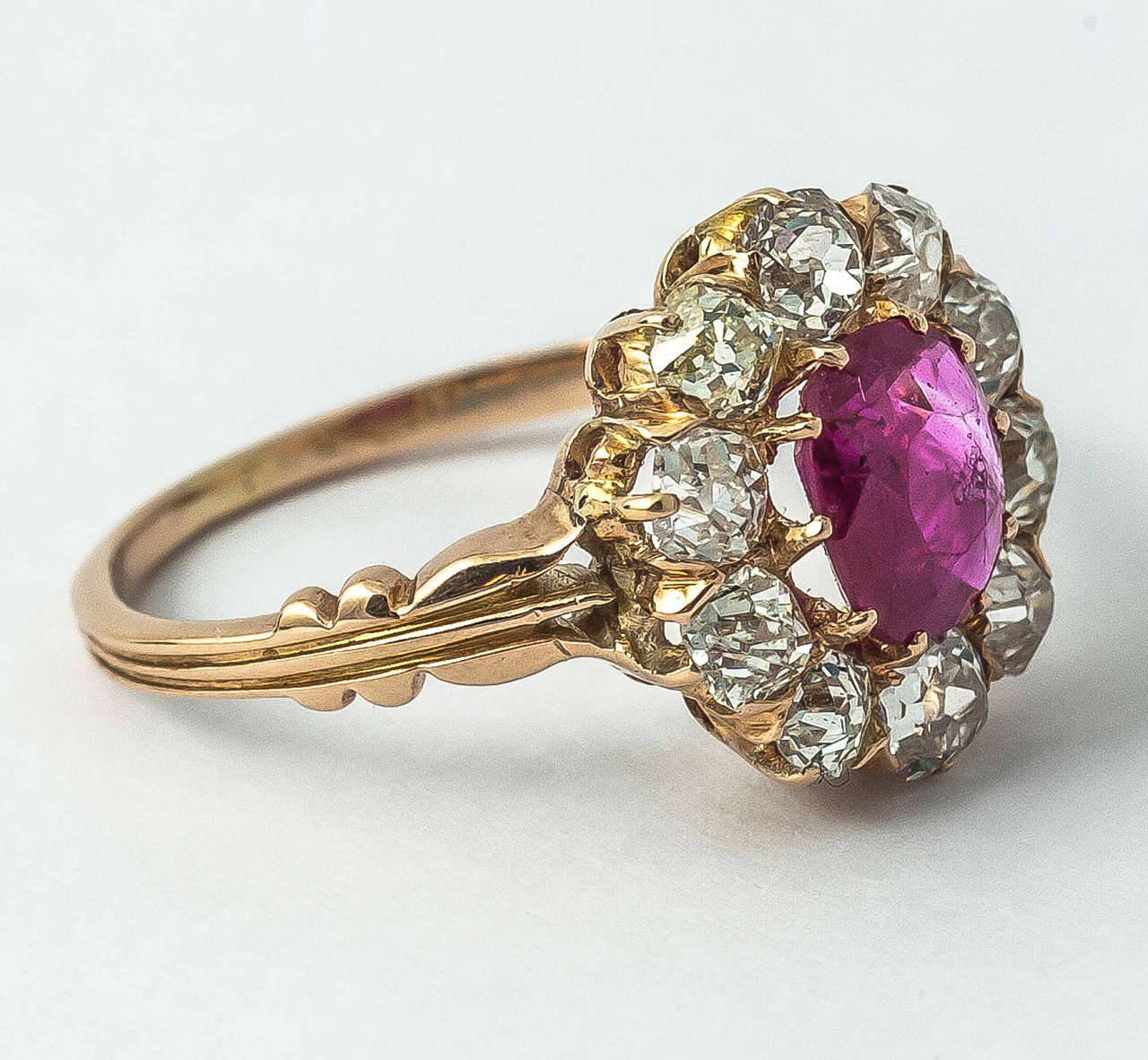 Round Cut Cluster Ring, 18 Carat Gold, Burma Ruby & Old Cut Diamonds, English circa 1870  For Sale
