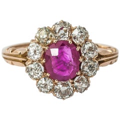 Cluster Ring, 18 Carat Gold, Burma Ruby & Old Cut Diamonds, English circa 1870 