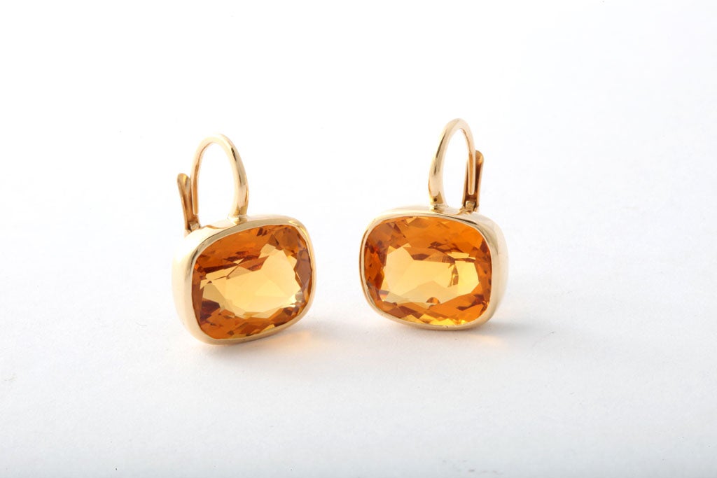 18k yellow gold bezel set cushion cut citrine earrings with French wires - 10 x 12mm