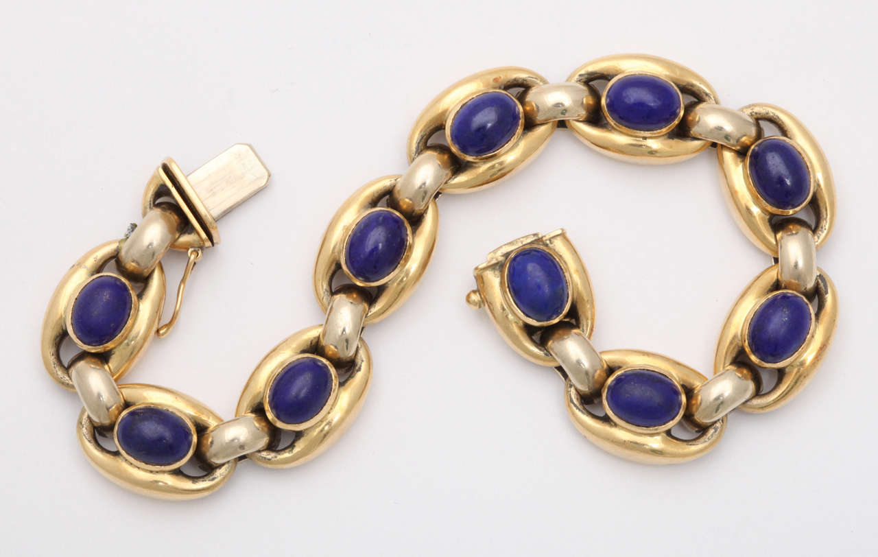18kt Yellow Gold & Cabochon Lapis Lazuli Bracelet. Marked 750 & bearing Italian control Mark.  Easy  & elegant combination of color & style - for that casual yet dressy look.  Ca 1960.