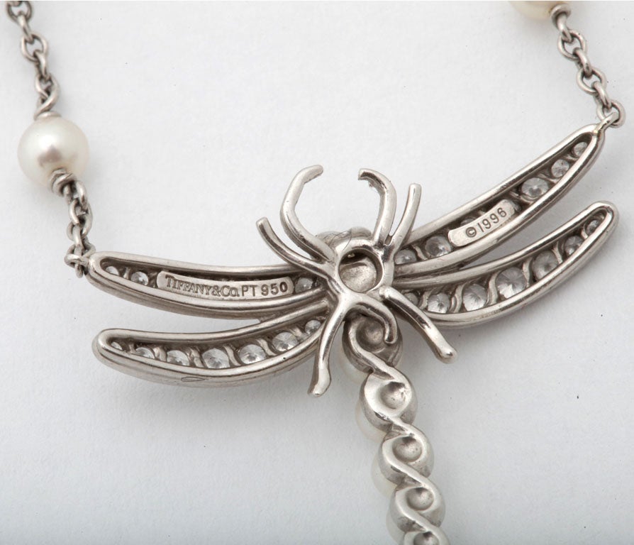 TIFFANY AND CO. Pearl Diamond Sapphire Dragonfly Pendant Necklace 3