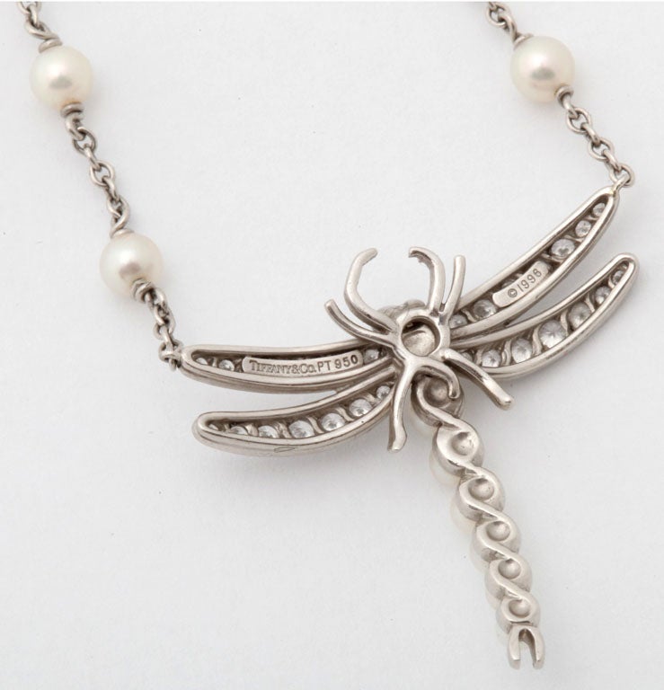 TIFFANY AND CO. Pearl Diamond Sapphire Dragonfly Pendant Necklace 4