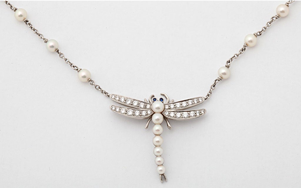 TIFFANY AND CO. Pearl Diamond Sapphire Dragonfly Pendant Necklace 5