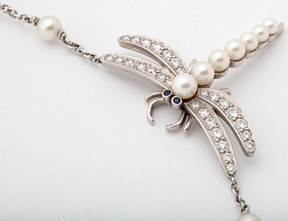 TIFFANY AND CO. Pearl Diamond Sapphire Dragonfly Pendant Necklace 6