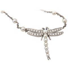 TIFFANY AND CO. Pearl Diamond Sapphire Dragonfly Pendant Necklace