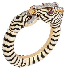 Enamel and Diamond and Gold Hinged Zebra Bangle