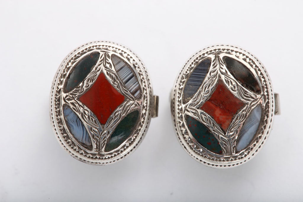 Unusual, rare, sterling silver (unmarked, but tested) and Scottish agate cufflinks, Scotland, Ca. 1880's. Each has a spring-mechanism on the reverse side that opens and closes the cufflink; @1/2