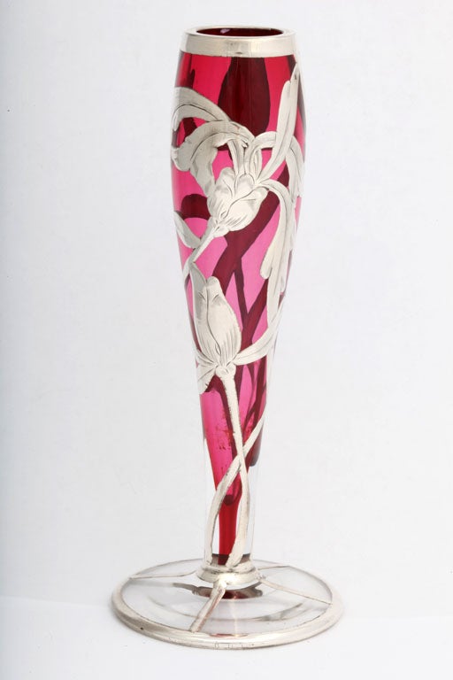 Art Nouveau Sterling Silver Overlay Cranberry Glass Vase