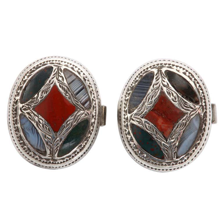 Unusual Sterling Silver and Scottish Agate Cufflinks at 1stDibs