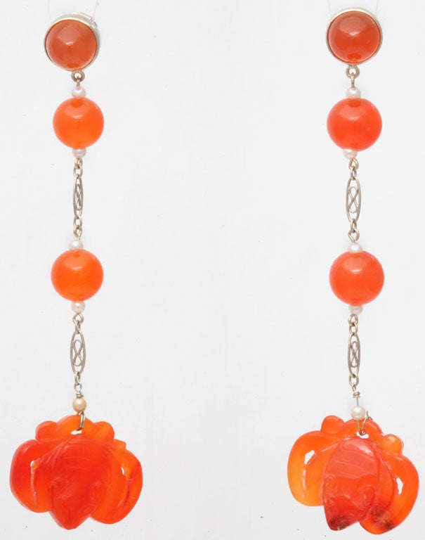 14kt. White Gold Drop Earrings made from Carved Chinese Carnelian Elements, Carnelian Beads, & Natural Oriental Pearls.  Ca 1925/30.  Very Unique.