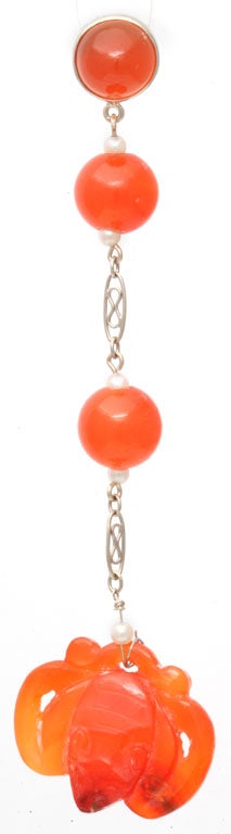 1920's  Natural Pearl  Carnelian Drop Earrings. For Sale 2