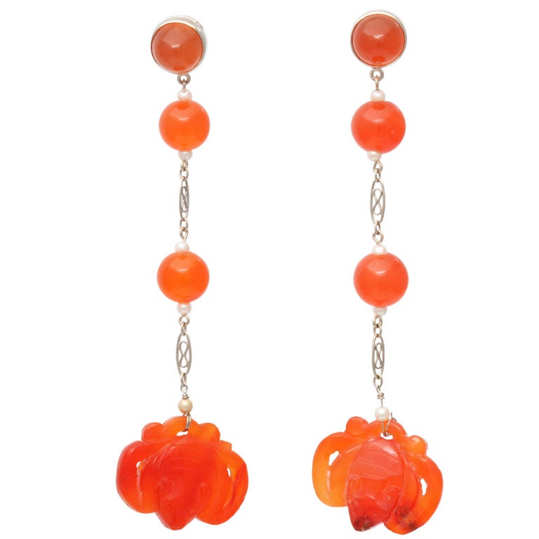 1920's  Natural Pearl  Carnelian Drop Earrings.