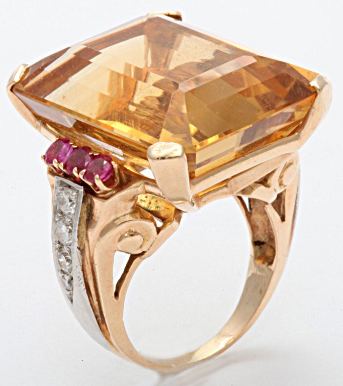 Highly stylized Retro Mounting with faceted Citrine .   Side mounts set in White Gold and  inlaid with full cut clean white Diamonds & accented by full cut Rubies on either side.  Fits a 6 1/2