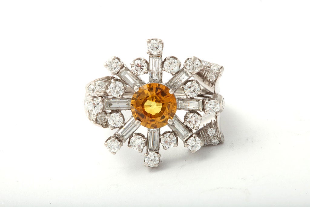 40's Assymetric Platinum Diamond & Yellow Sapphire Ring For Sale 1