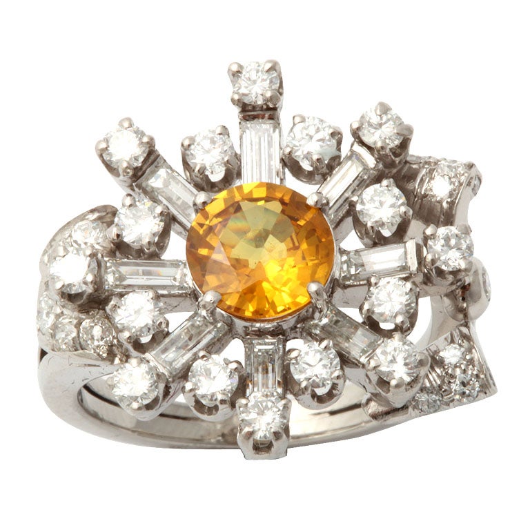 40's Assymetric Platinum Diamond & Yellow Sapphire Ring For Sale
