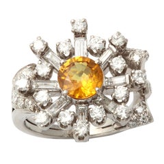 40's Assymetric Platinum Diamond & Yellow Sapphire Ring Vintage 40's Assymetric Platinum Diamond & Yellow Sapphire Ring